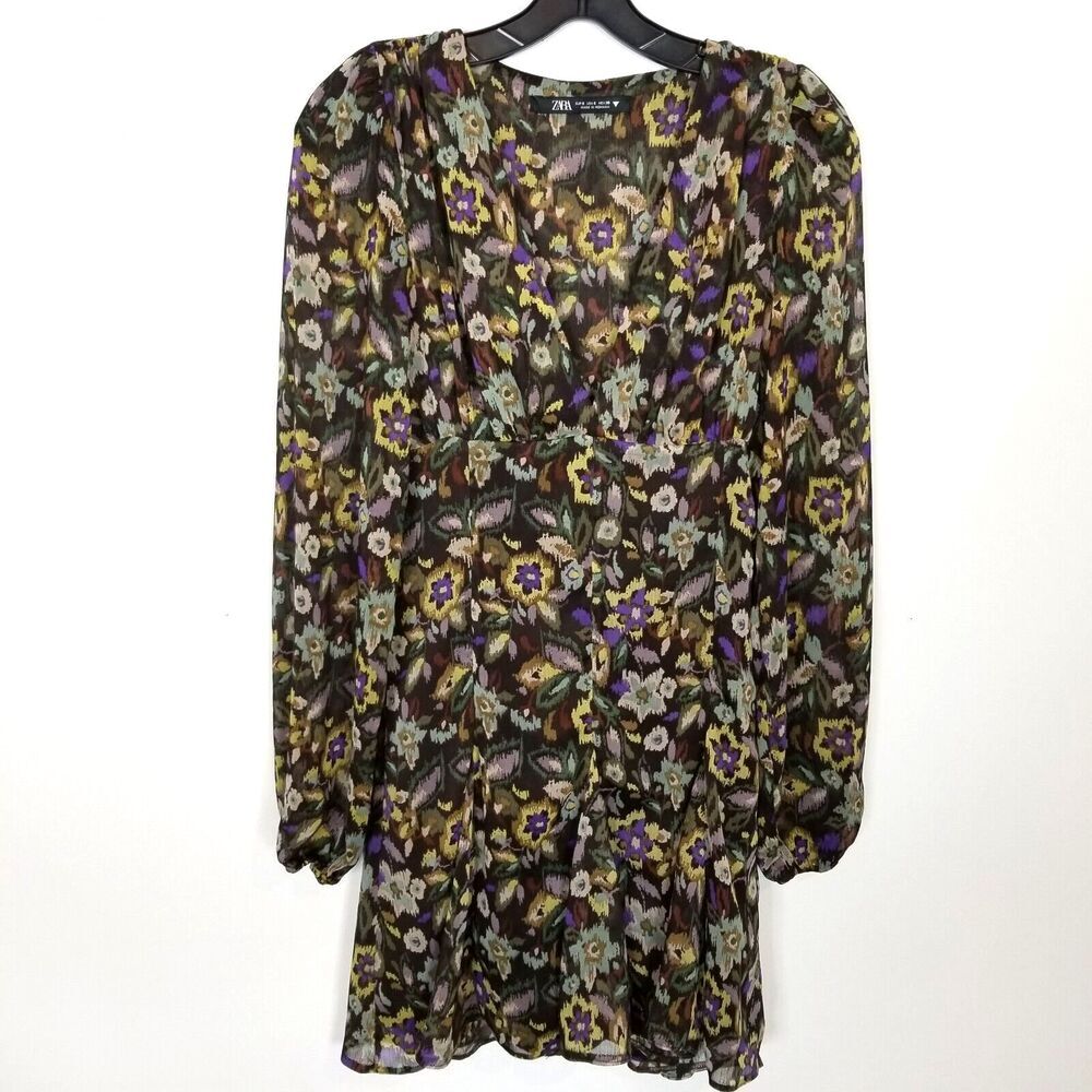 Zara Women's Floral Long Sleeve Mini Dress Sz S Party V‎ Neck Casual